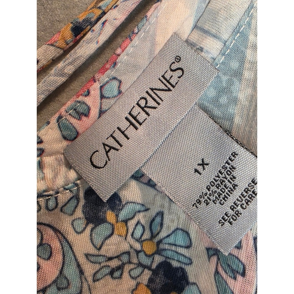 Catherines Womens 1X Mixed Floral Paisley Rhinestone Strappy Neck Tunic Top Pink - Picture 4 of 12